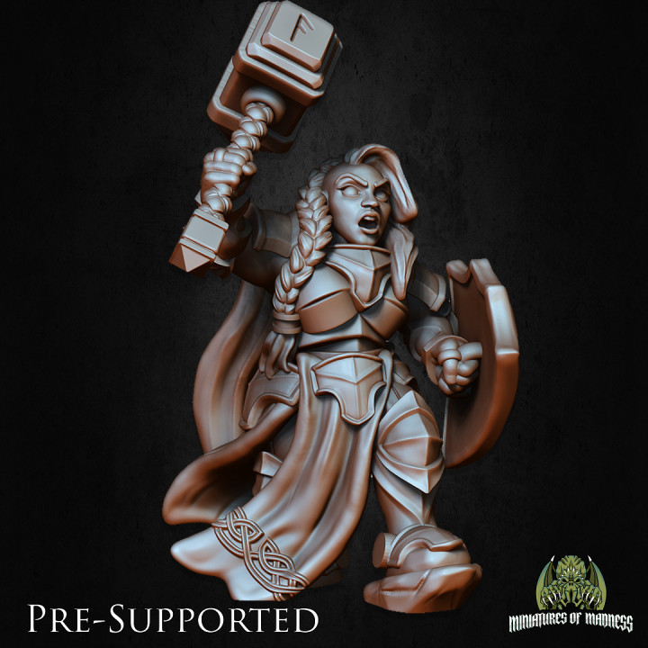 3D Printable Bryna The Indomitable PRE SUPPORTED Female Dwarf Cleric