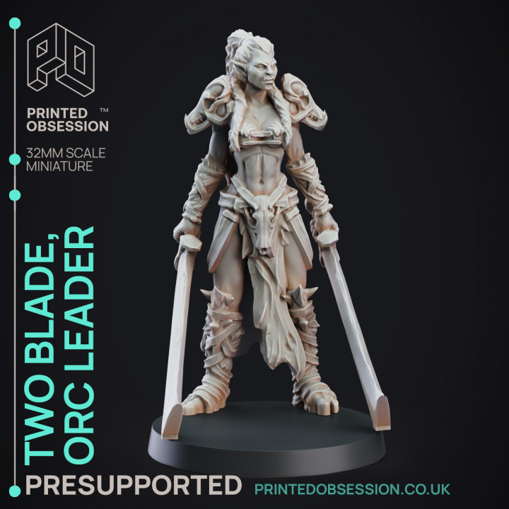 Two Blade - Female Orc Commander - PRE SUPPORTED - 32 mm scale miniature image
