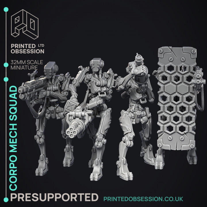 Corprate Mech Squad - 4 Cyberpunk Models - PRESUPPORTED - 32mm scale image