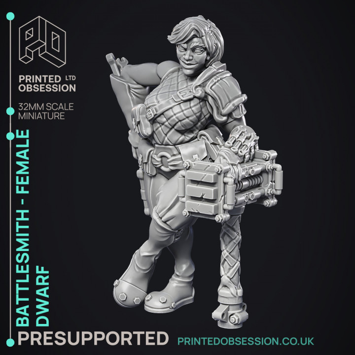 Battlesmith - Artificer- Female Dwarf - PRESUPPORTED - 32mm Scale