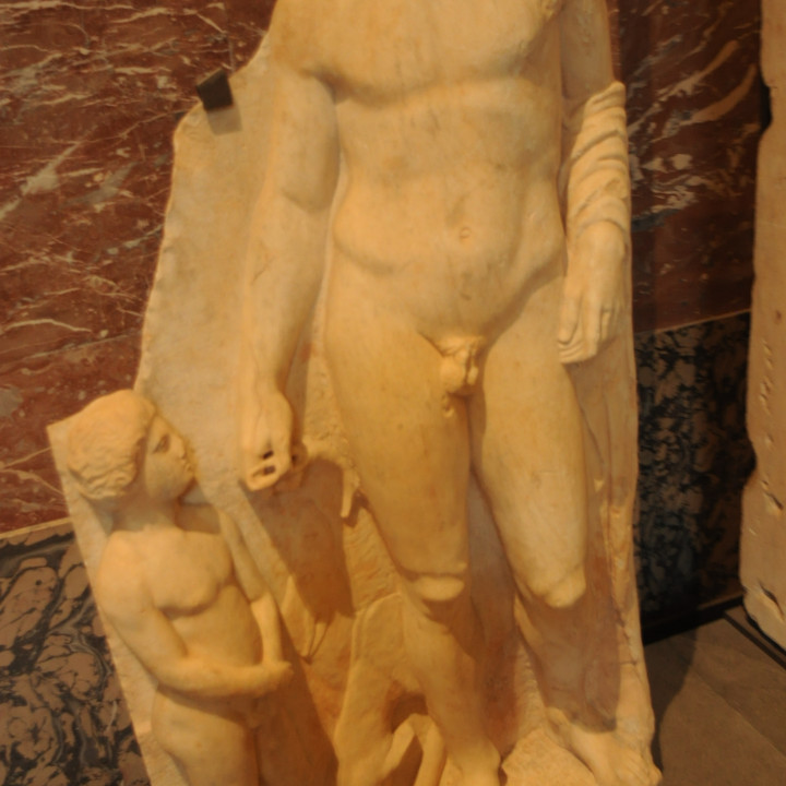Funerary stela: athlete with a servant and dogs image