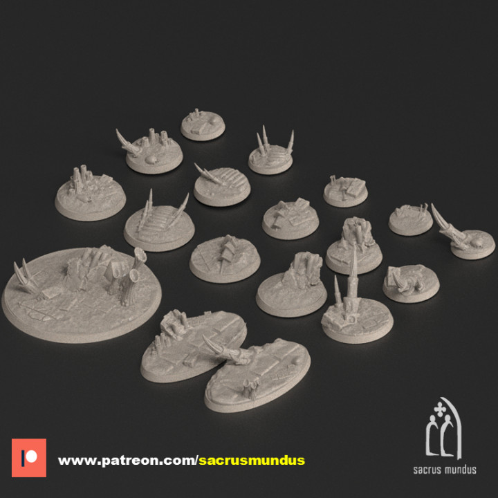 Tulipa, The Infested World. 3d Printing Designs. Alien, Xenos Spore Tyranid Round / Oval Bases Set for Wargames image
