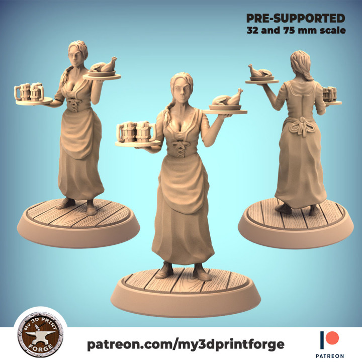 Barmaid 32mm and 75mm scale pre-supported image