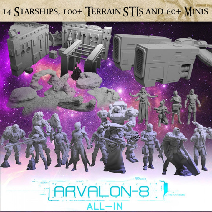 Arvalon-8 All-In - 60 unique sci-fi miniatures, 14 starships, and 100+ pieces of sci-fi terrain STLs's Cover