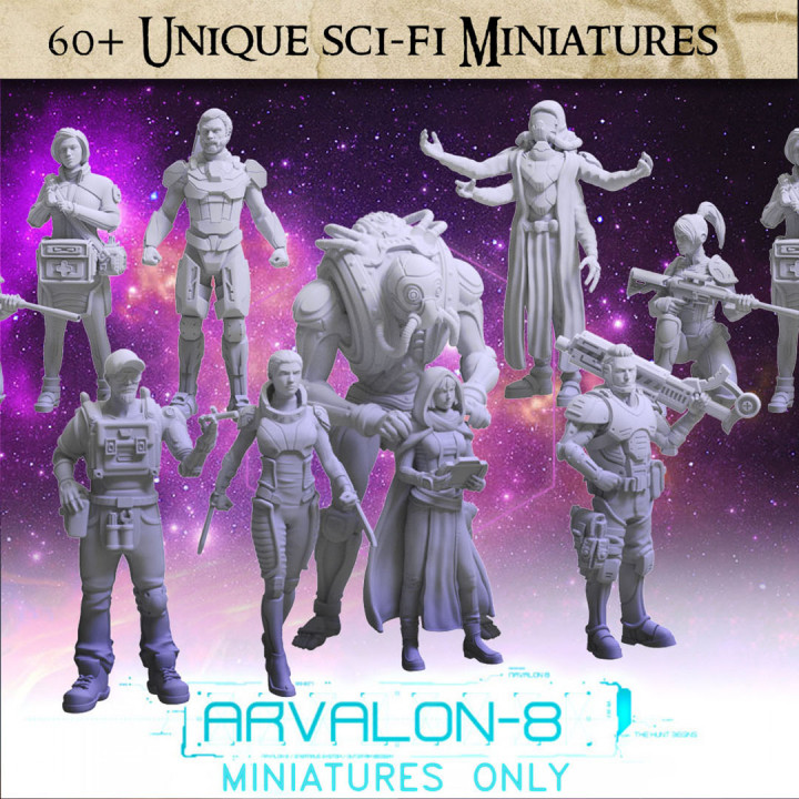 Arvalon-8 Characters - 60 unique sci-fi miniatures STLs's Cover