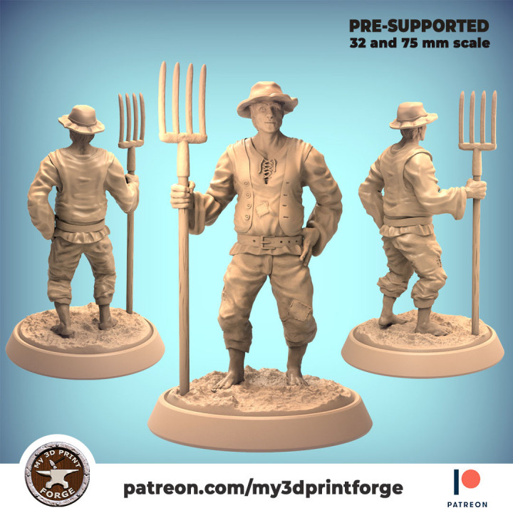 Farmer with pitchfork 32mm and 75mm scale pre-supported image