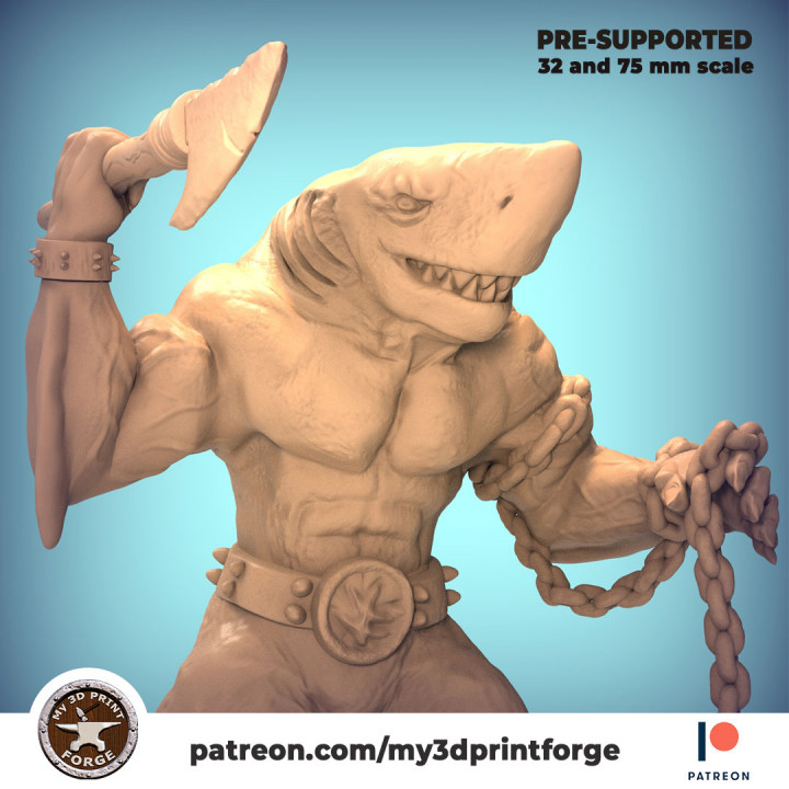 Wereshark - Sharkfolk with spear 32/75 pre-supported image