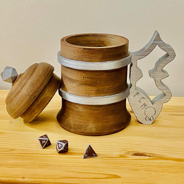 Medieval Inspired Antique Wooden Beer Mug Dice Box + Dice Set image