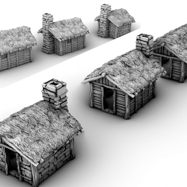 6 Small Shacks- 3 Stone 3 Wood with Thatch Roof image
