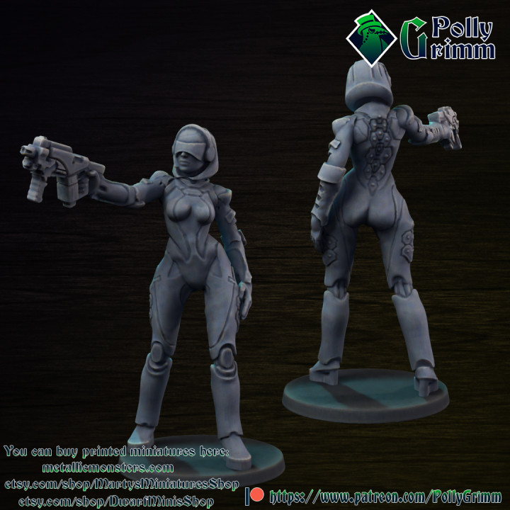 Droid android robot woman with pistol. Sci-fi miniature image