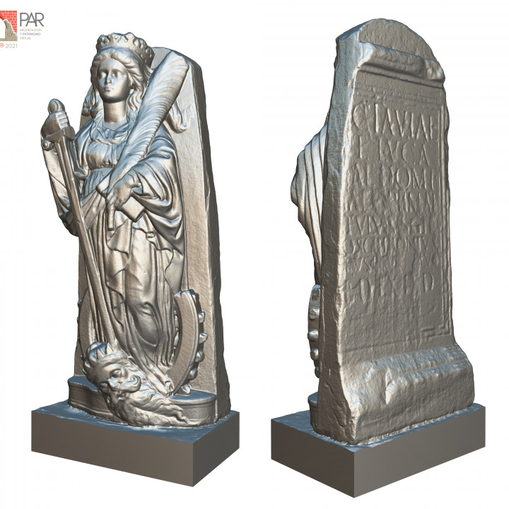 Sculpture of Saint Catherine and Roman inscription image