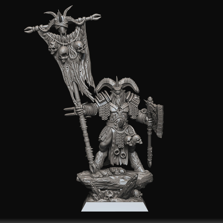 3D Printable BEASTMEN WARLORD STANDARD BEARER by Raven Twin Miniatures