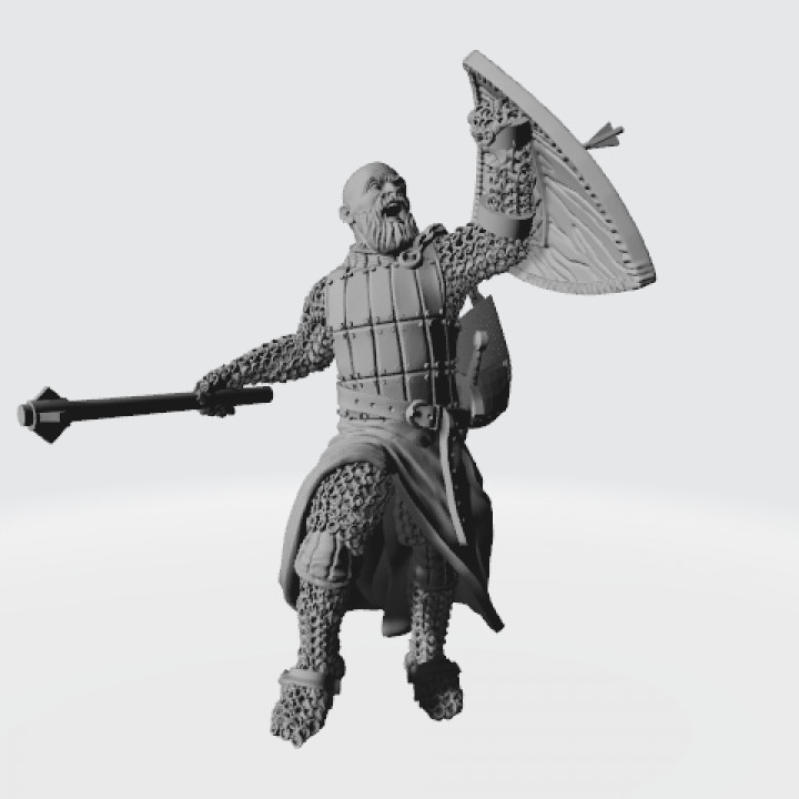 Medieval knight charging with mace, chained helmet and shield image