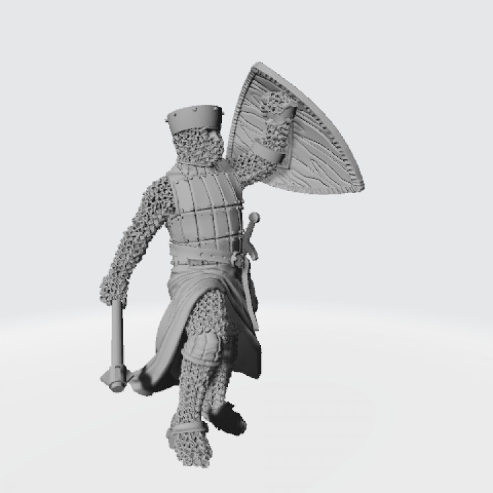 Medieval crusader knight with flat helmet, shield and mace image