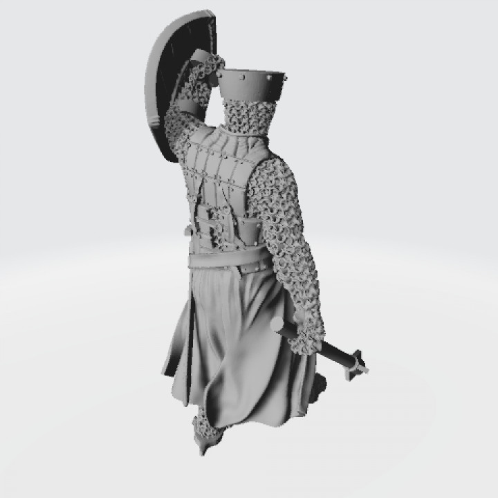 Medieval crusader knight with flat helmet, shield and mace image