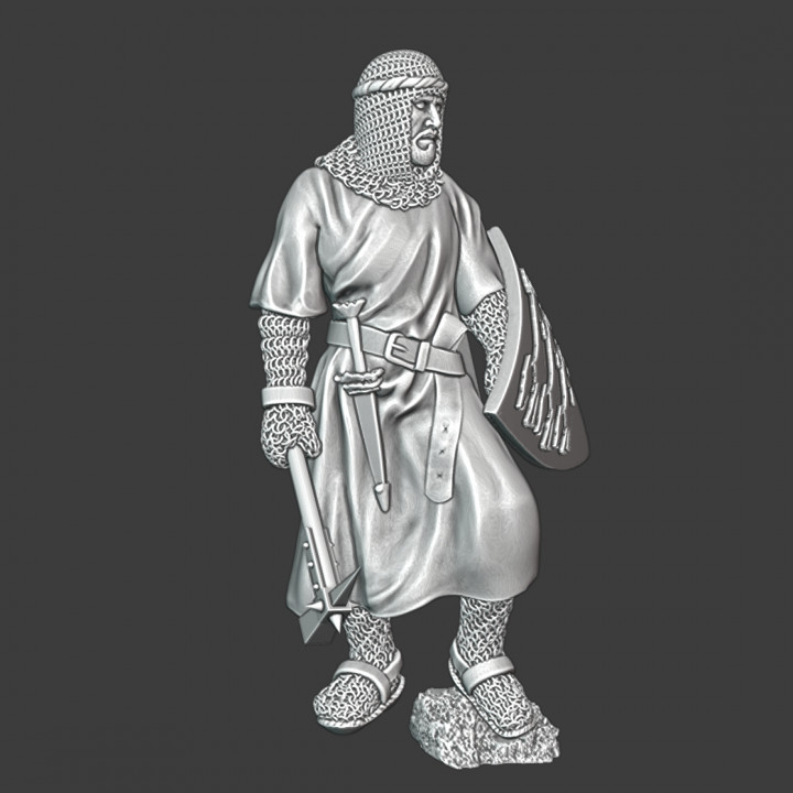 Medieval knight with chainmail hood and warhammer image