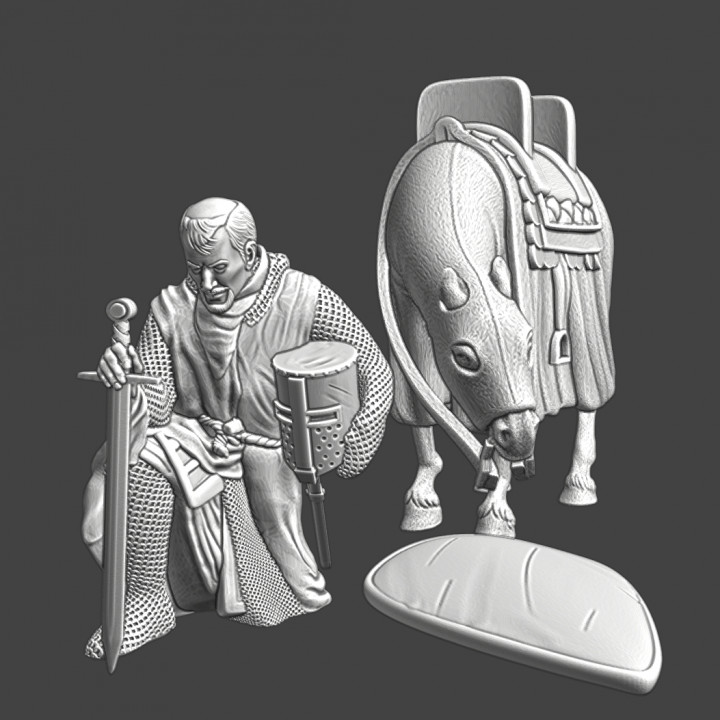 Medieval knight praying -  with horse image