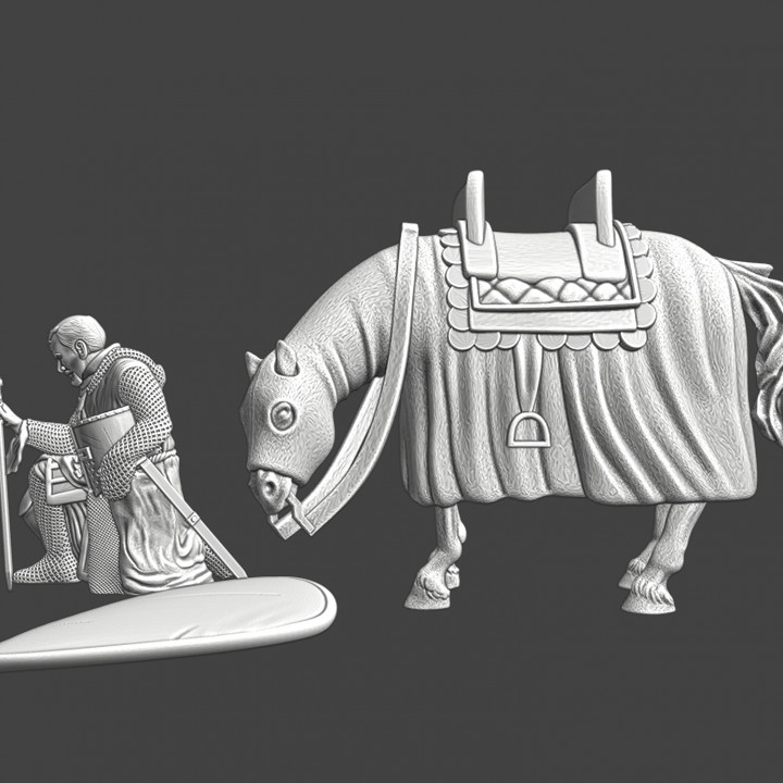 Medieval knight praying -  with horse image