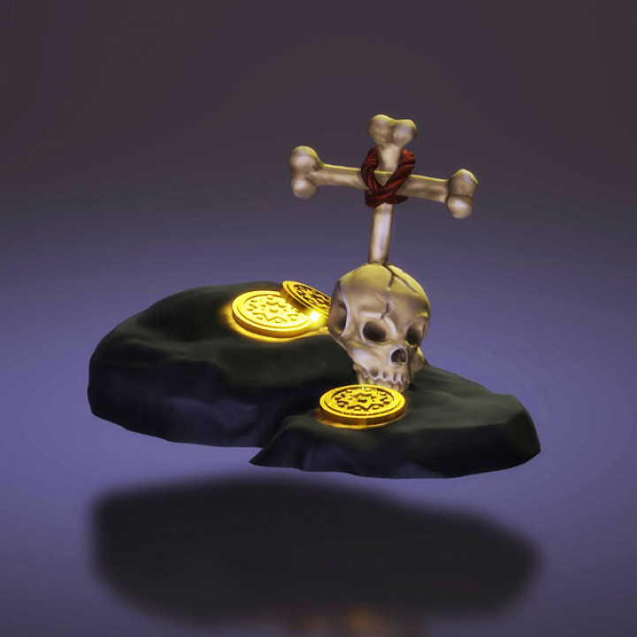 Skull and coins on rock image