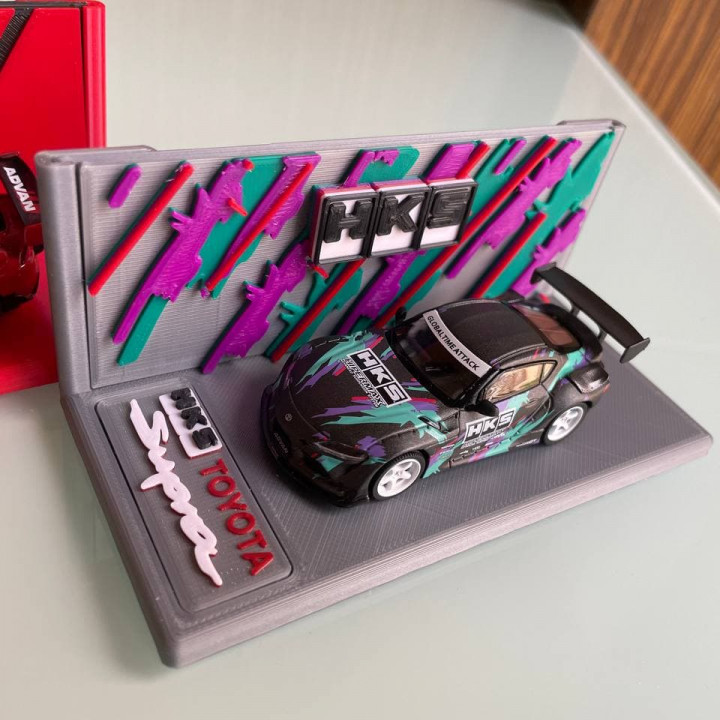 3D Printable Mini GT HKS Toyota GR Supra Display Base by Giga