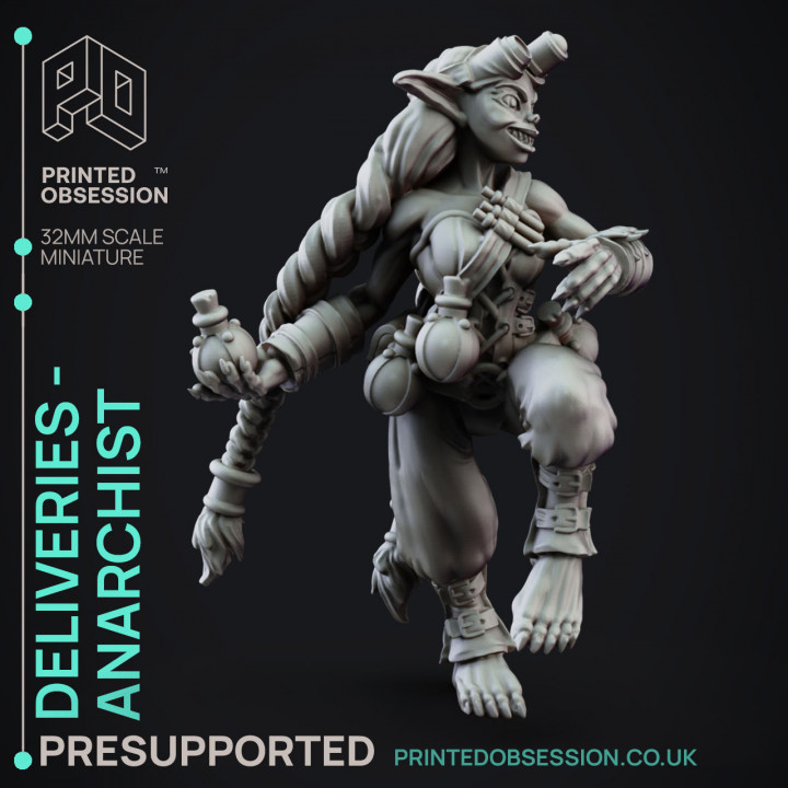Deliveries - Goblin Anarchist - Potion Thrower - PRESUPPORTED - 32mm scale image