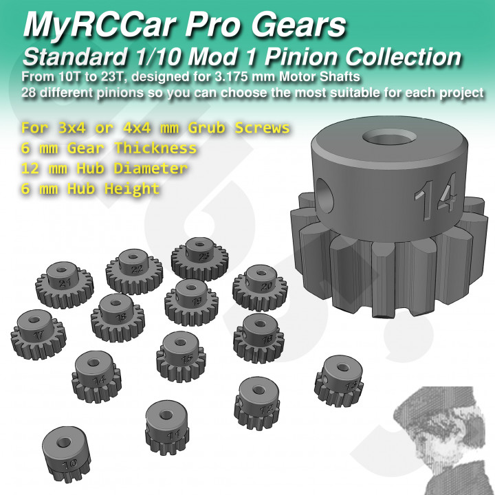 RC Car Mod 1 Standard Motor Pinion Collection, for 3.175mm motor shafts, M3 and M4 grub screws image