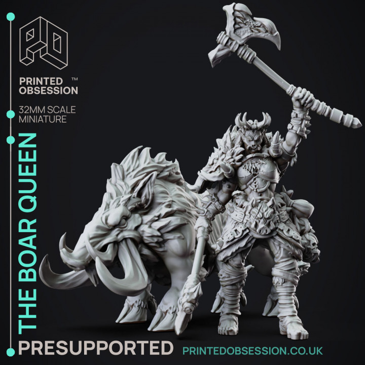 The Boar Queen - Female Orc Warlord - PRESUPPORTED - 32mm Scale - mounted and standing versions included. image