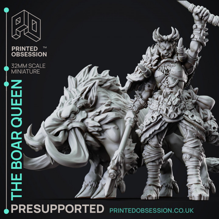 The Boar Queen - Female Orc Warlord - PRESUPPORTED - 32mm Scale - mounted and standing versions included. image