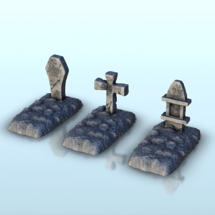Set of three earthen tombstones 1  - Medieval scenery terrain wargame image