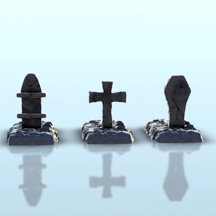 Set of three earthen tombstones 1  - Medieval scenery terrain wargame image