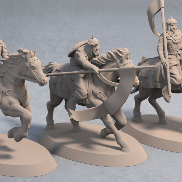 Light Cavalry of the Empire of Jagrad with Spears (3 unique miniatures) – 3D printable miniature – STL file image