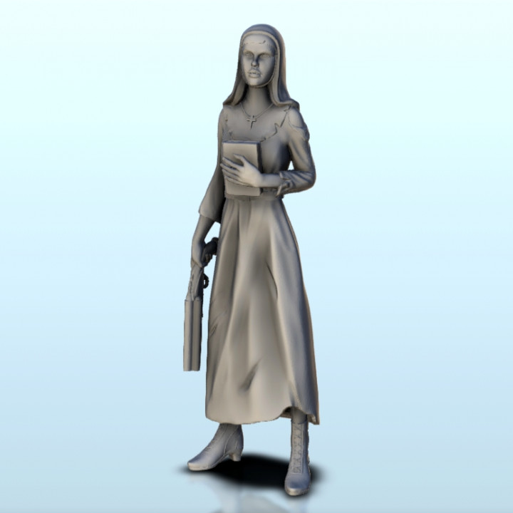 Nun with Bible and powder pistol 8 (+ supported version) - Post-Apo Zombies universe 15mm 20mm 28mm 32mm 42mm image