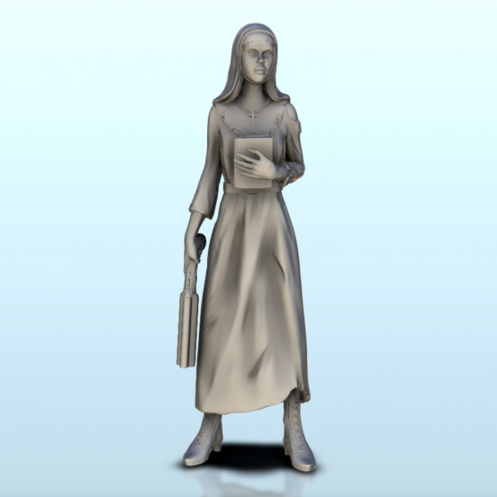 Nun with Bible and powder pistol 8 (+ supported version) - Post-Apo Zombies universe 15mm 20mm 28mm 32mm 42mm image