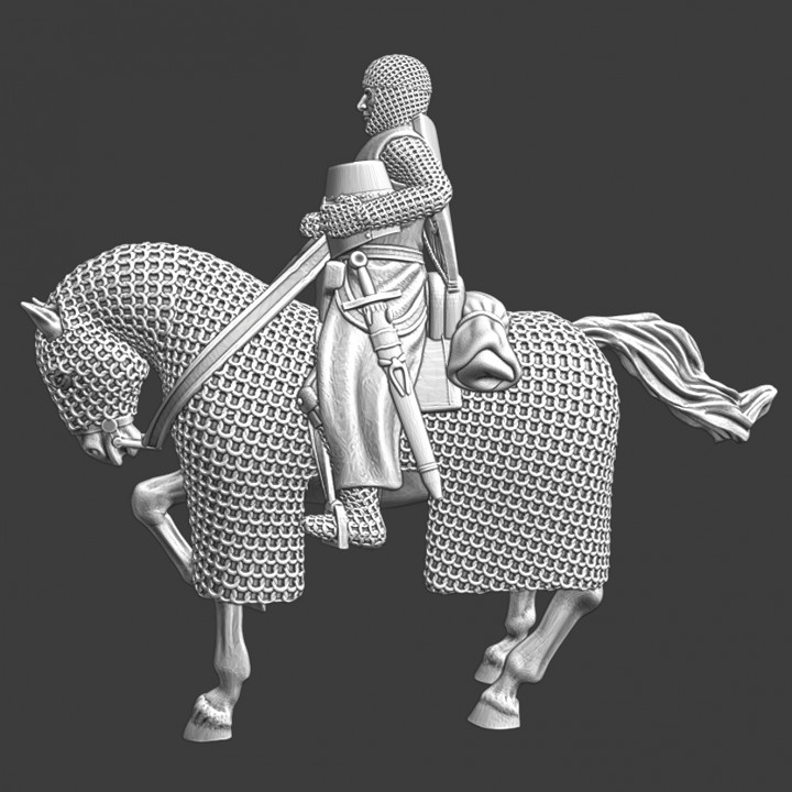 Mounted medieval knight with helmet in hand. image