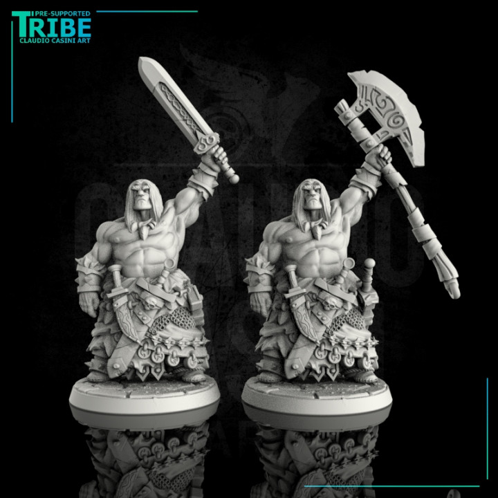 (0034) Male human orc half-orc barbarian warrior with sword and big axe image