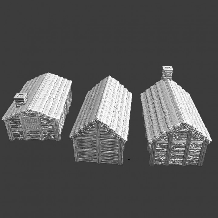 3 small medieval houses with thatched roofs image