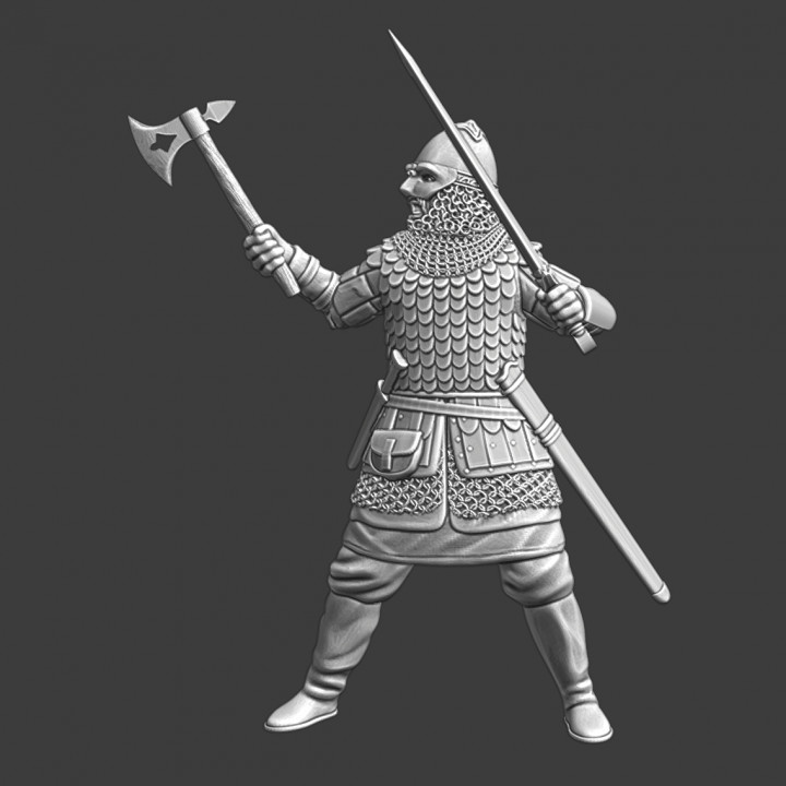 Medieval Russian knight with axe and sword image