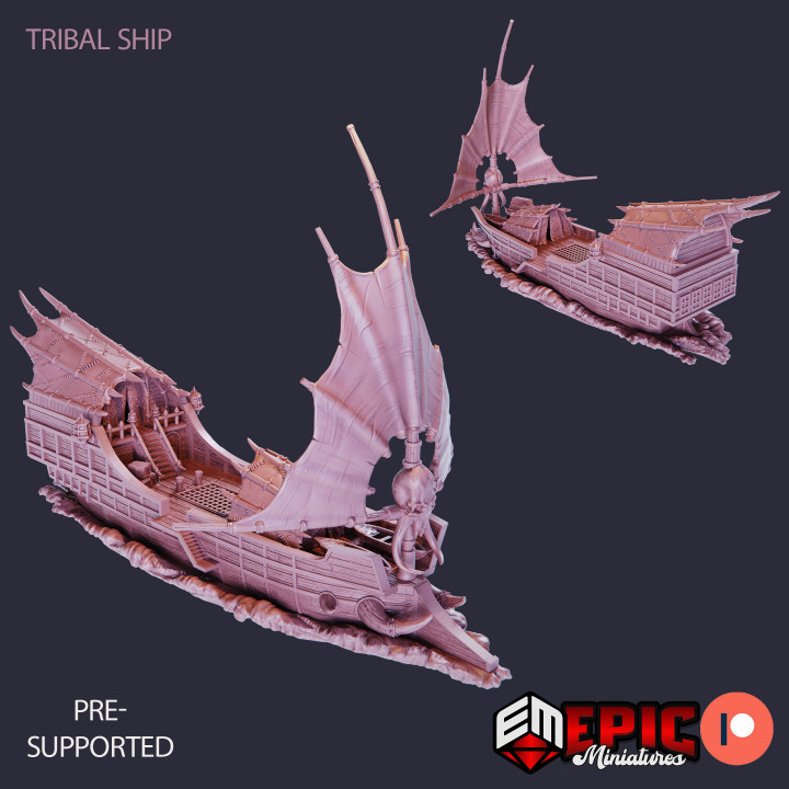 Tribal Ship - The Ramhorn / Orc Pirate War Boat / Corsair Sailing image