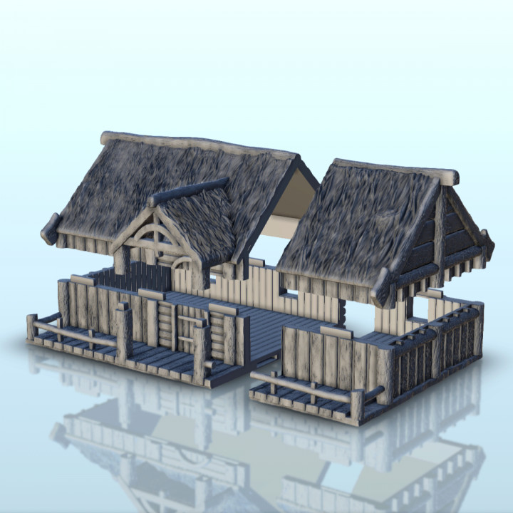 Medieval house with terrace and thatched roof (1) - Medieval building middle age image