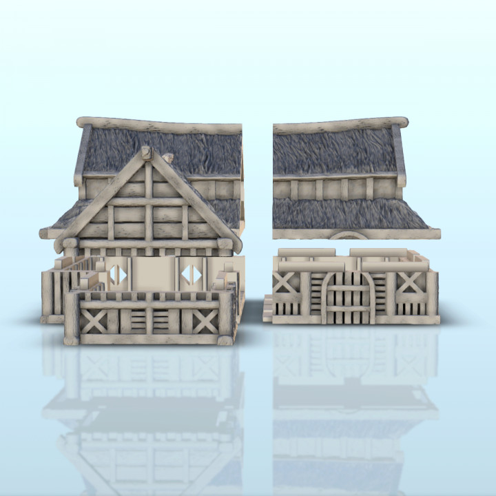 Large medieval house with multi-floored thatched roof (8) - Medieval building middle age image