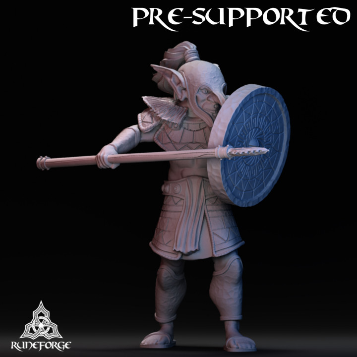 3D Printable Highlands Goblin Spear and Shield by Runeforge Studios