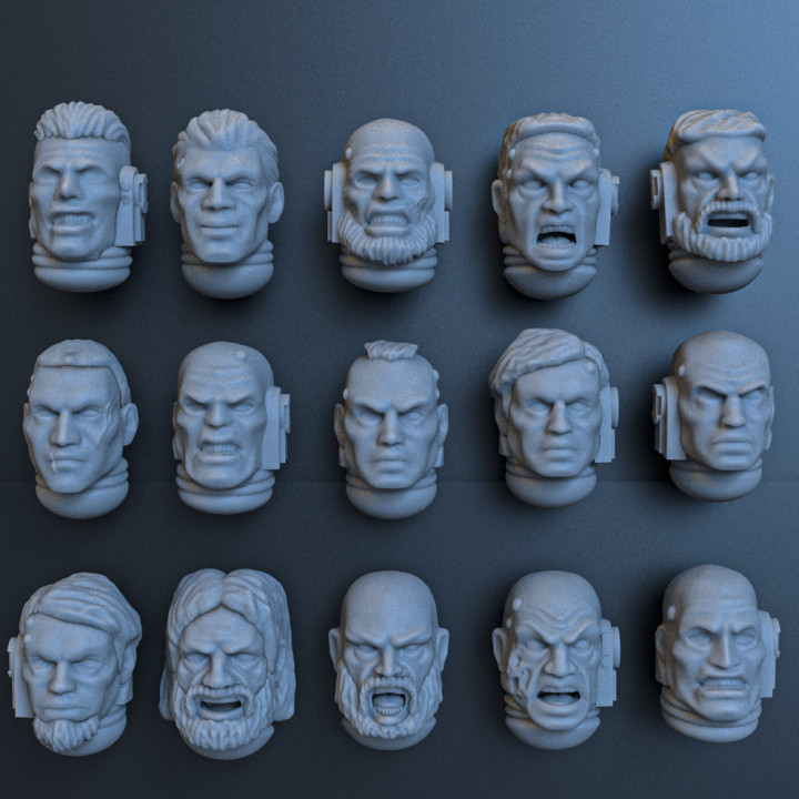 3D Printable SPACE MARINE PACK OF 15 HEADS by MDM factory