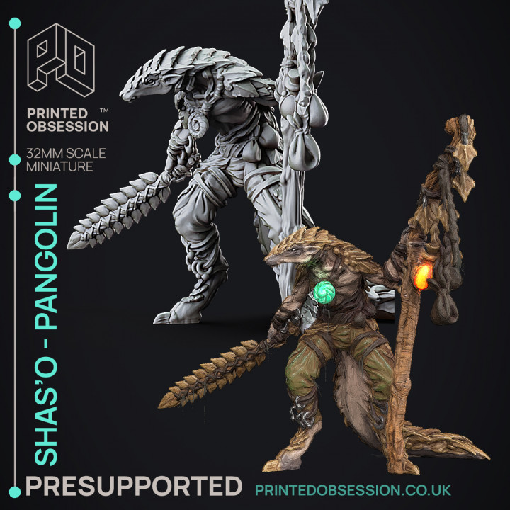 Shas'O the shaman - Pangolin Anthro - PRESUPPROTED - 32mm scale image
