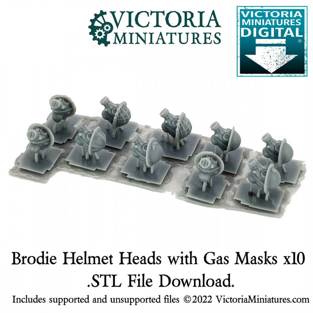 3D Printable Brodie Helmet Heads with Gas Masks x10 by Victoria