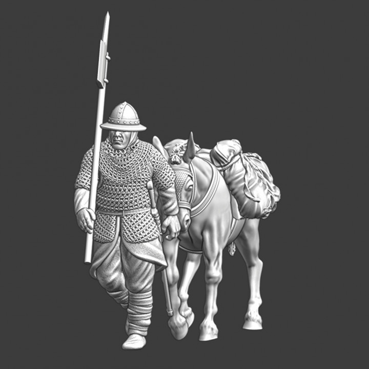 Medieval infantryman marching with donkey
