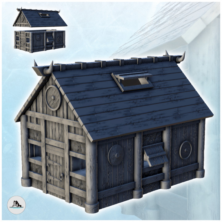 Viking house with wooden door and roof decorated with horns (2) - Alkemy Lord of the Rings War of the Rose Warcrow Saga image