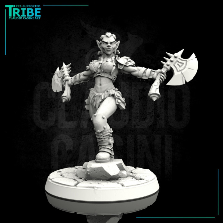 (0003) Female human elf half-orc tiefling firbolg barbarian with two axes image