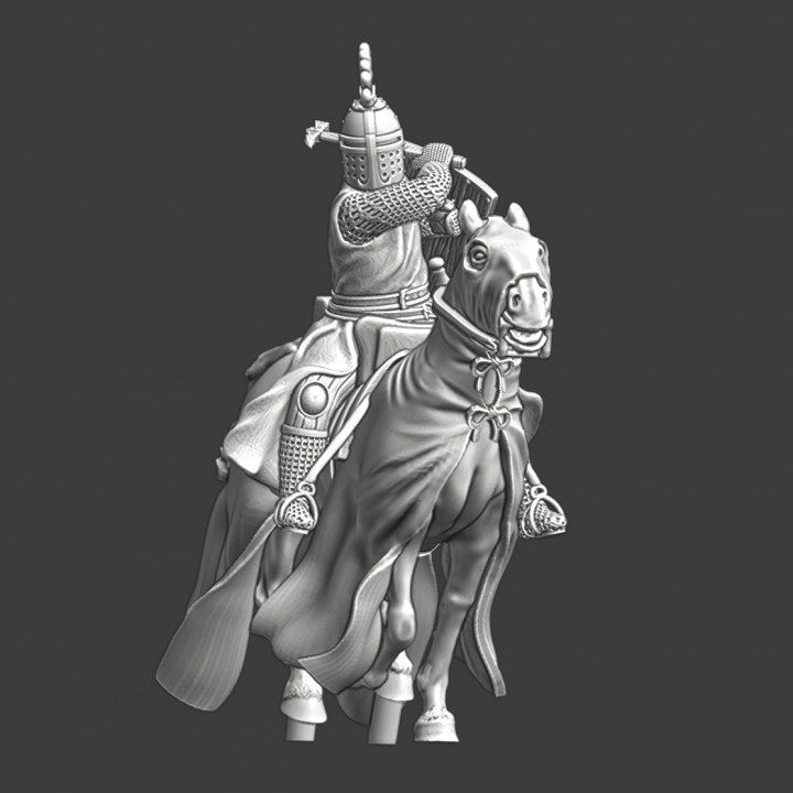 Medieval crested knight swinging warhammer image