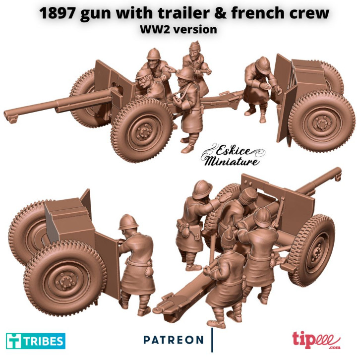 1897 gun (model ww2) with trailer & french crew - 28mm image