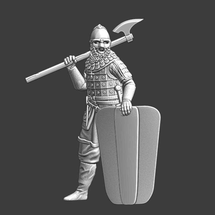 Medieval Rus with large axe on shoulder